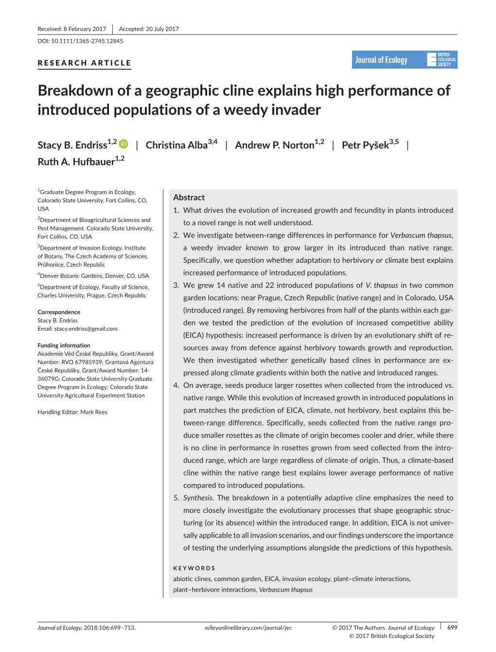 Breakdown of a Geographic Cline Explains High Performance of Introduced Populations of a Weedy Invader