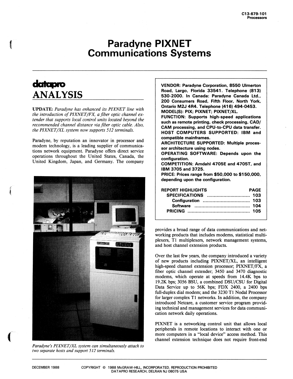 Paradyne PIXNET Communications Systems ANALYSIS