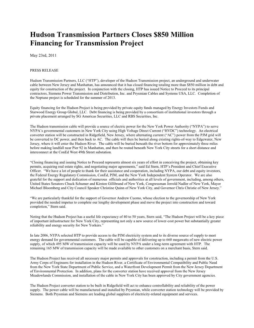 Hudson Transmission Partners Closes $850 Million Financing for Transmission Project