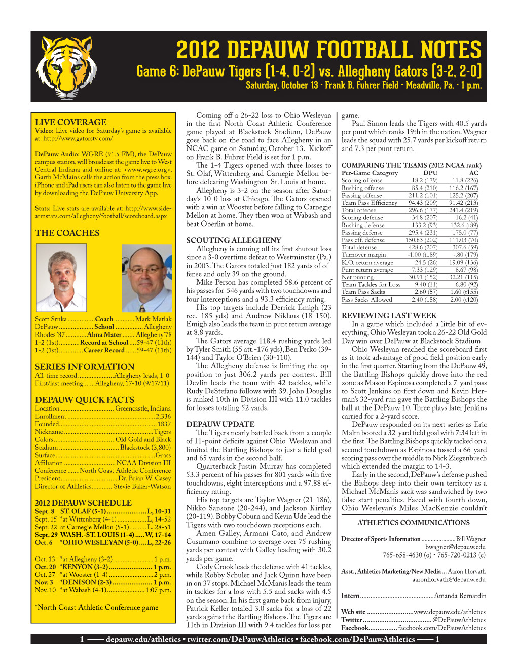 2012 DEPAUW FOOTBALL NOTES Game 6: Depauw Tigers (1-4, 0-2) Vs