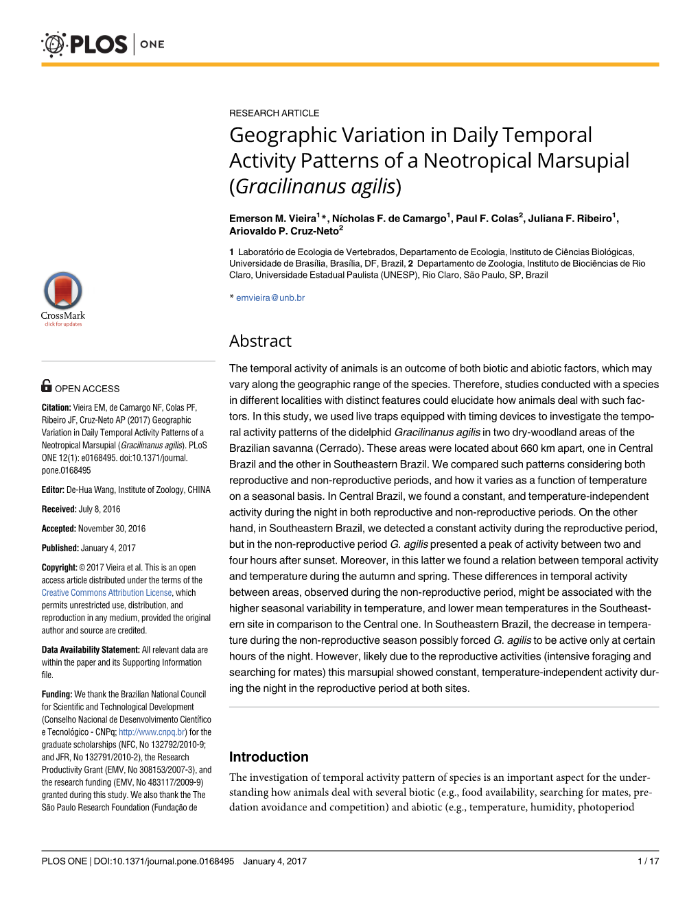 Geographic Variation in Daily Temporal Activity Patterns of a Neotropical Marsupial (Gracilinanus Agilis)