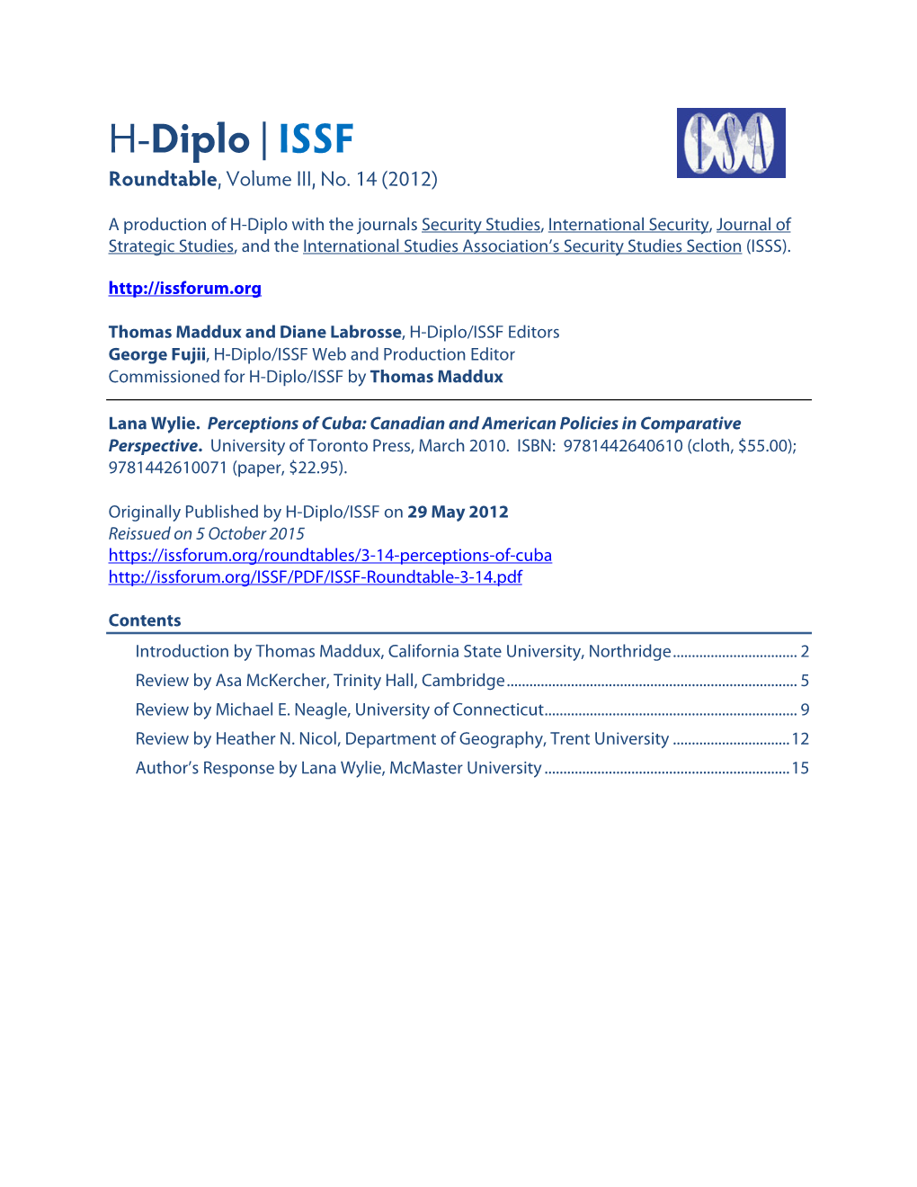 H-Diplo/ISSF Roundtable, Vol. 3, No. 14 (2012)