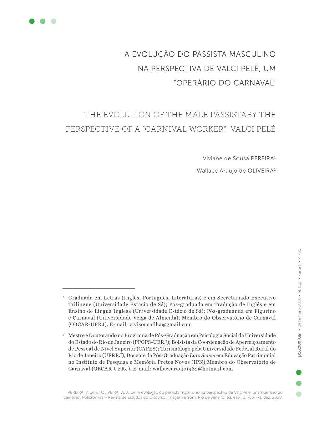 A Evolução Do Passista Masculino Na Perspectiva De Valci Pelé, Um “Operário Do Carnaval”