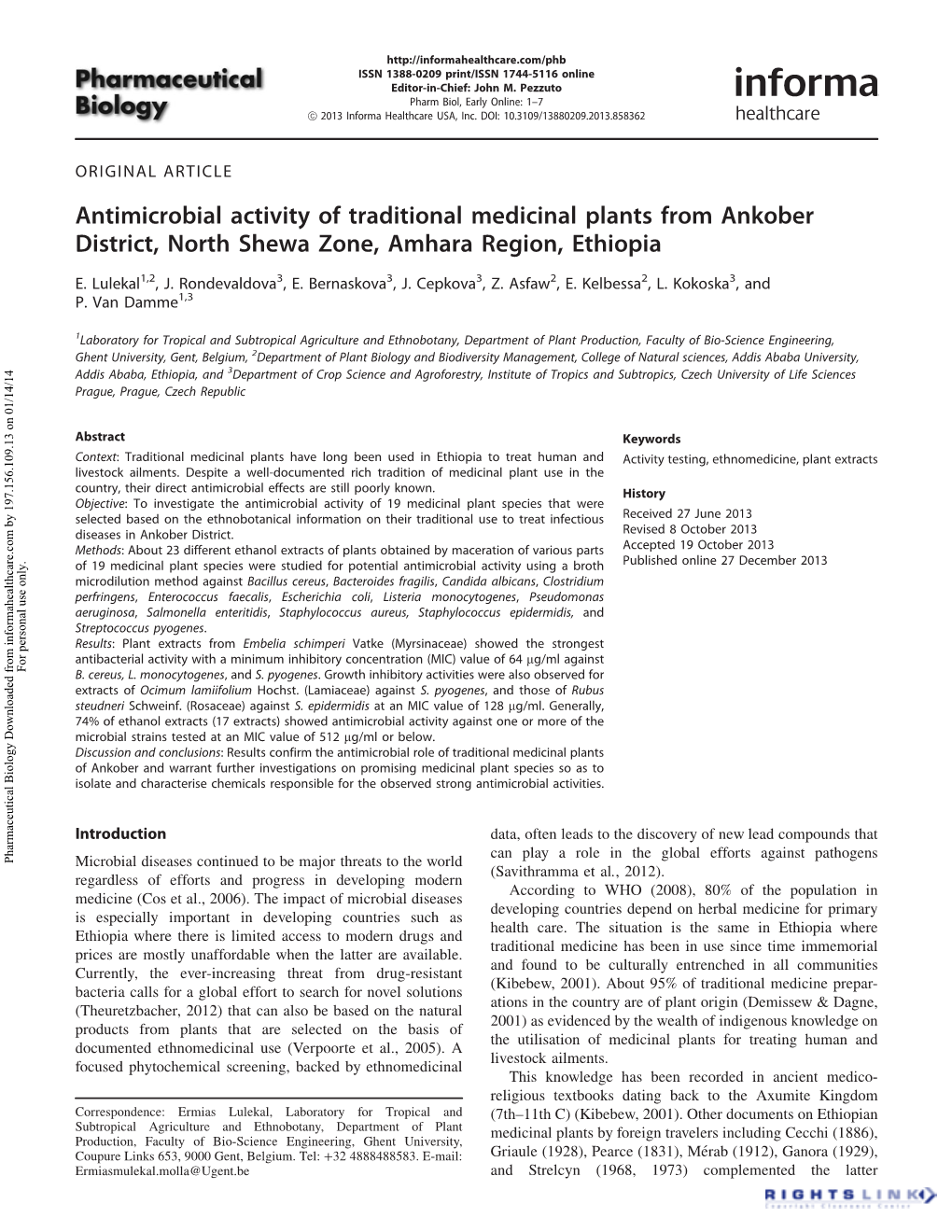 Antimicrobial Activity of Traditional Medicinal Plants from Ankober District, North Shewa Zone, Amhara Region, Ethiopia