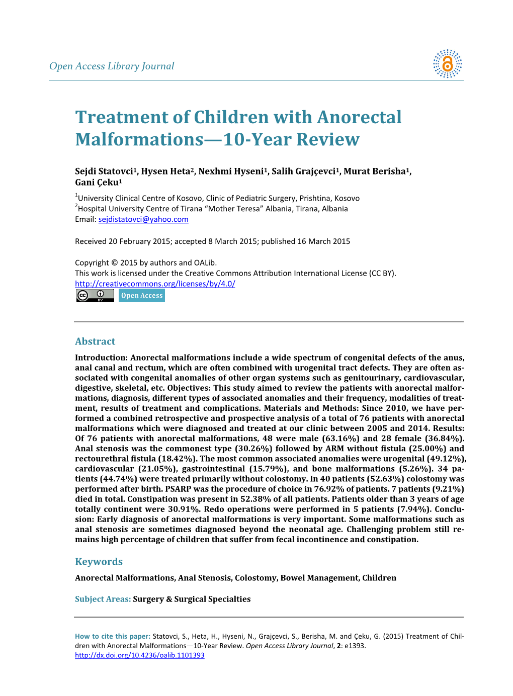 Treatment of Children with Anorectal Malformations—10-Year Review