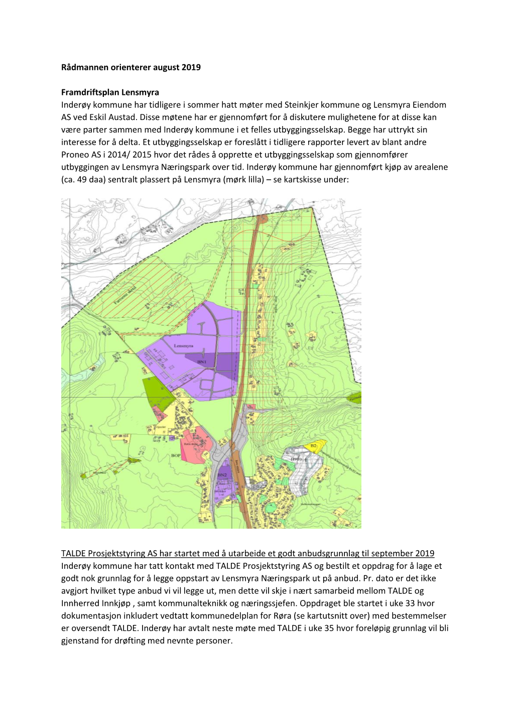 Rådmannen Orienterer August 2019 Framdriftsplan Lensmyra Inderøy