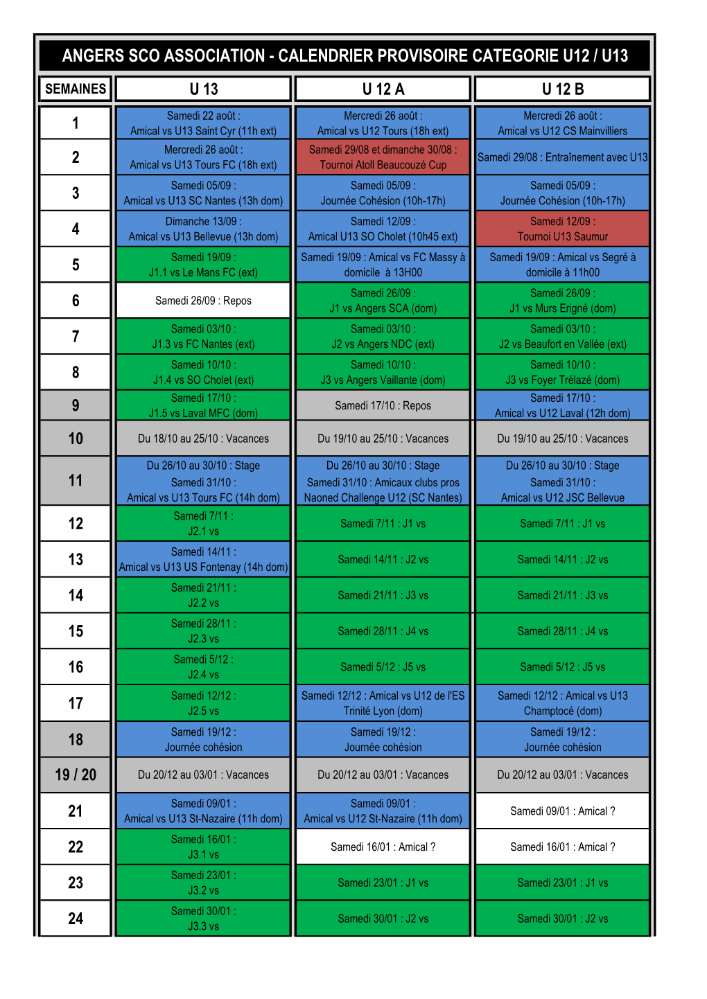 Calendrier Provisoire Categorie U12 / U13