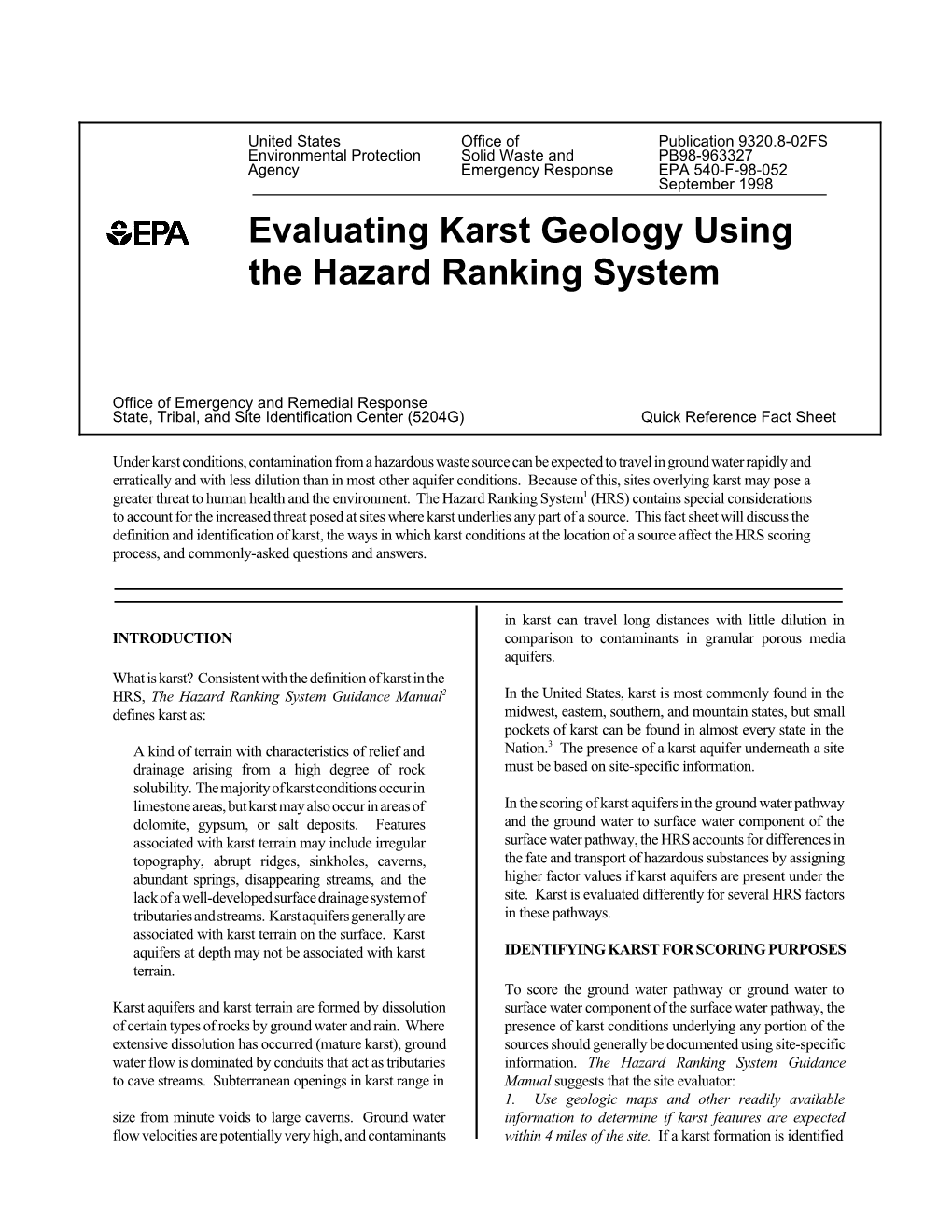 Evaluating Karst Geology Using the Hazard Ranking System