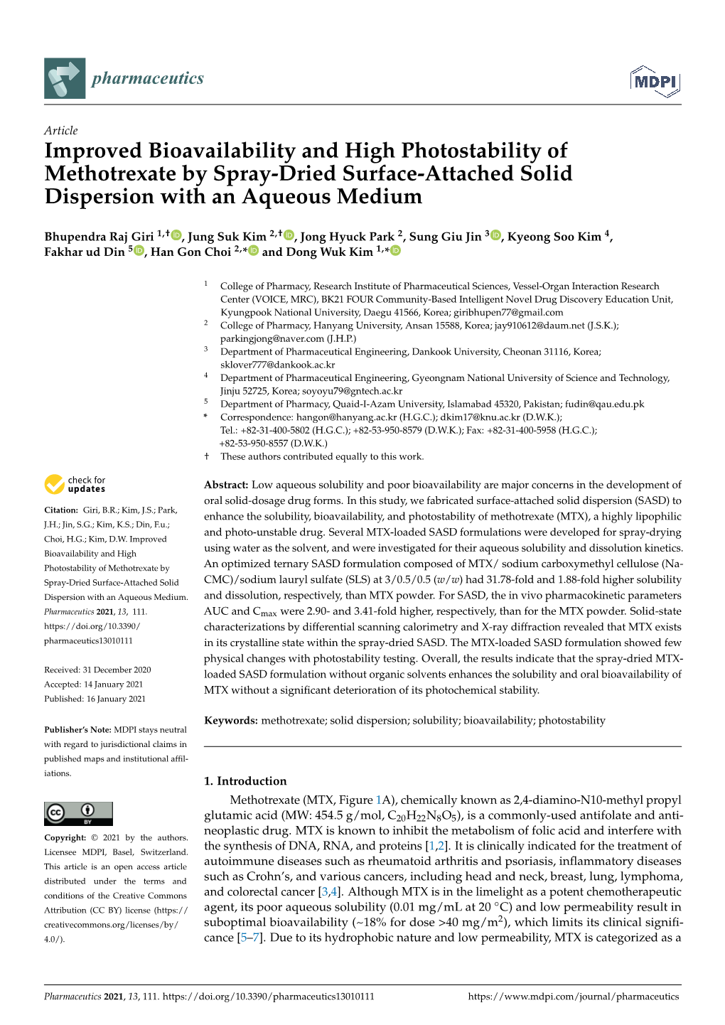 Improved Bioavailability and High Photostability of Methotrexate by Spray-Dried Surface-Attached Solid Dispersion with an Aqueous Medium