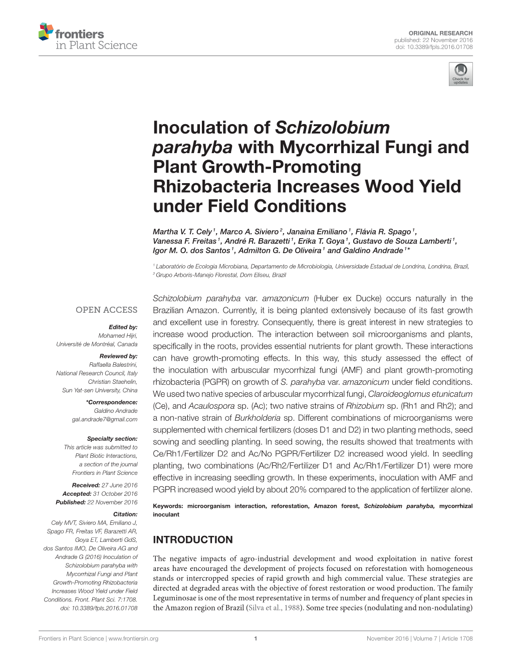 Inoculation of Schizolobium Parahyba with Mycorrhizal Fungi and Plant Growth-Promoting Rhizobacteria Increases Wood Yield Under Field Conditions