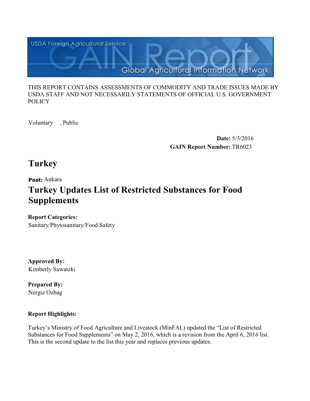 Turkey Updates List of Restricted Substances for Food
