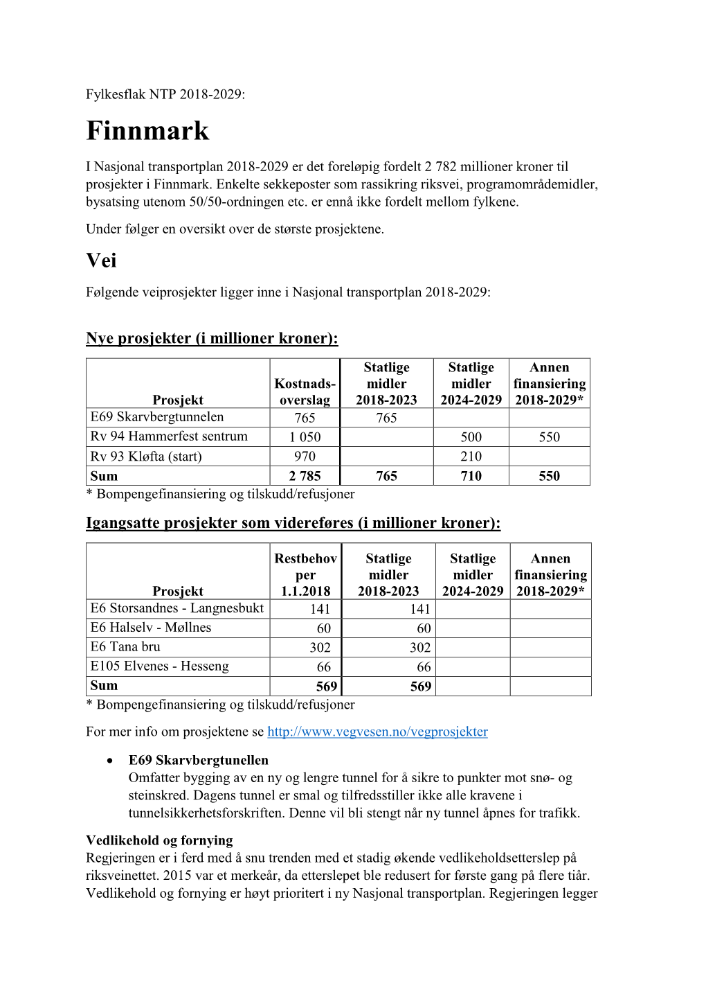 Finnmark I Nasjonal Transportplan 2018-2029 Er Det Foreløpig Fordelt 2 782 Millioner Kroner Til Prosjekter I Finnmark