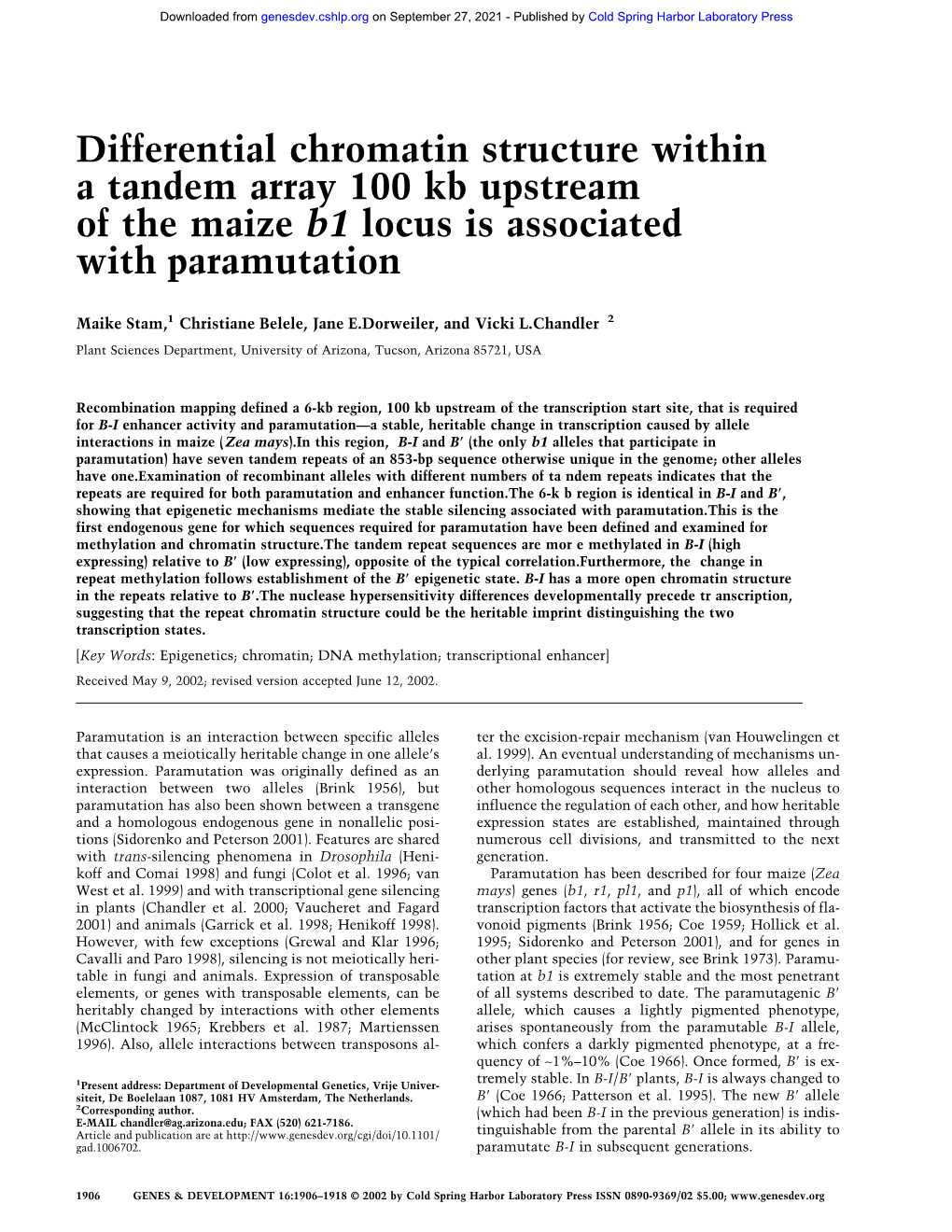 Differential Chromatin Structure Within a Tandem Array 100 Kb Upstream of the Maize B1 Locus Is Associated with Paramutation