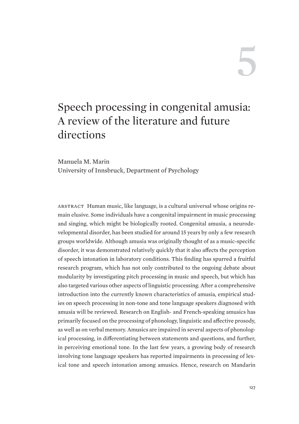 Speech Processing in Congenital Amusia: a Review of the Literature and Future Directions