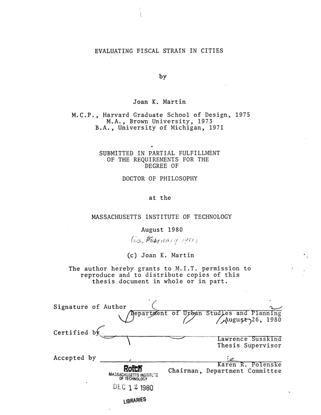 Ffou G U 26, 1980G Certified B Lawrence Susskind Thesis Supervisor Accepted by Karen R