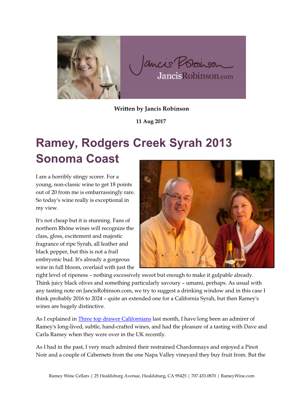 Ramey, Rodgers Creek Syrah 2013 Sonoma Coast