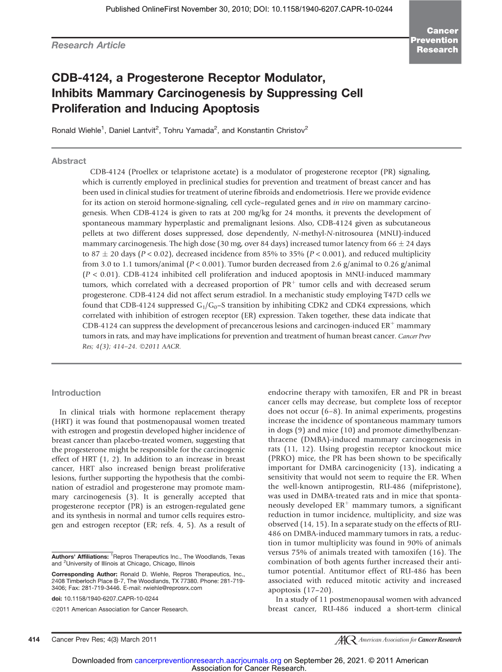 CDB-4124, a Progesterone Receptor Modulator, Inhibits Mammary Carcinogenesis by Suppressing Cell Proliferation and Inducing Apoptosis