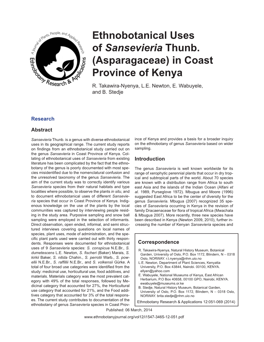 Ethnobotanical Uses of Sansevieria Thunb. (Asparagaceae) in Coast Province of Kenya R