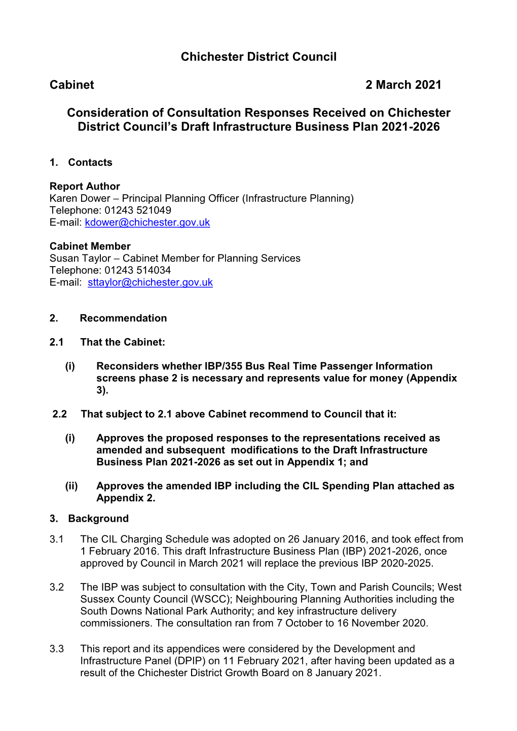 Consideration of Consultation Responses Received on Chichester District Council’S Draft Infrastructure Business Plan 2021-2026