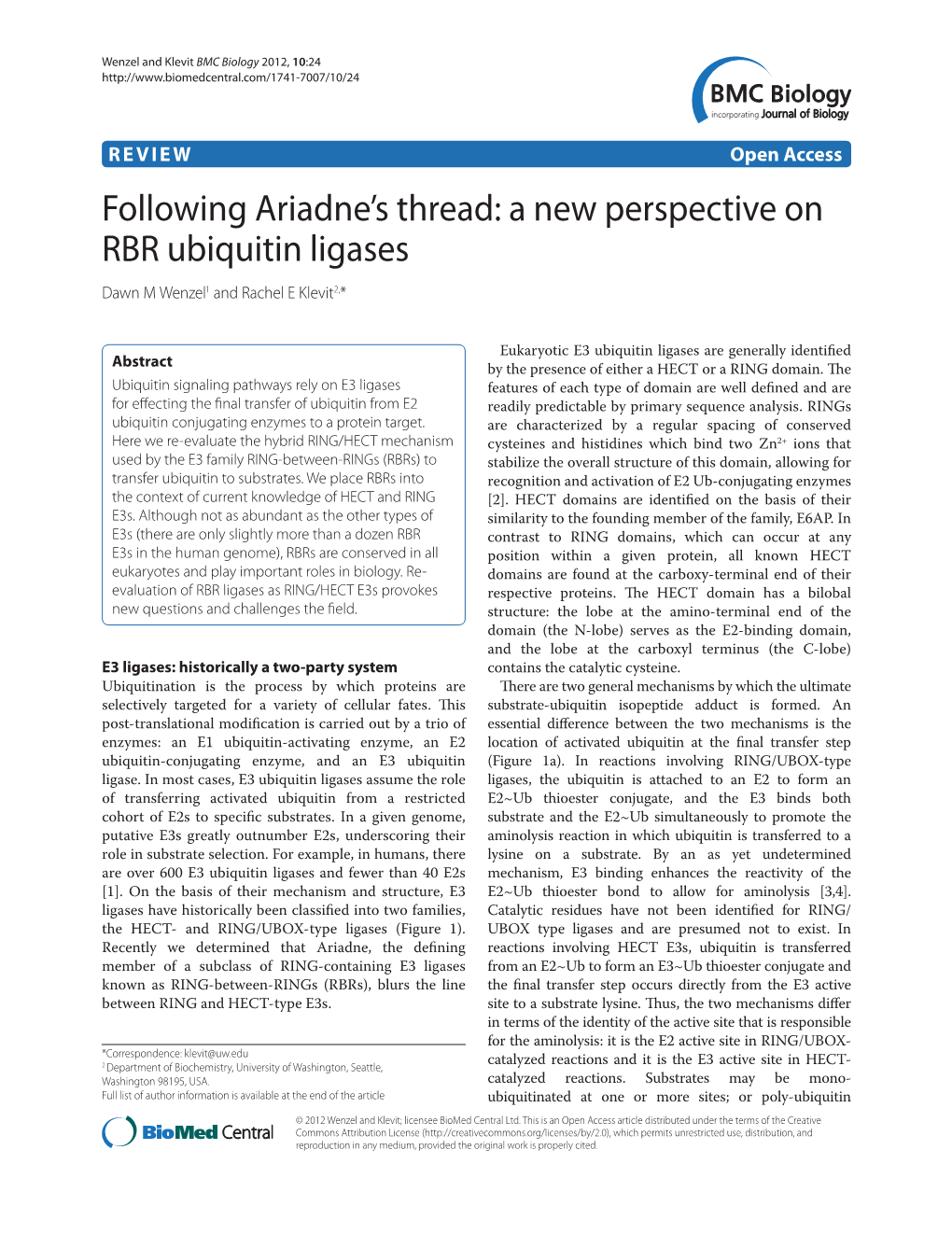 Following Ariadne's Thread: a New Perspective on RBR Ubiquitin Ligases