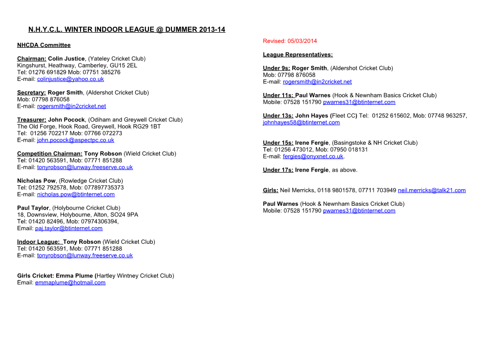 N.H.Y.C.L. Winter Indoor League Dummer 2013-14