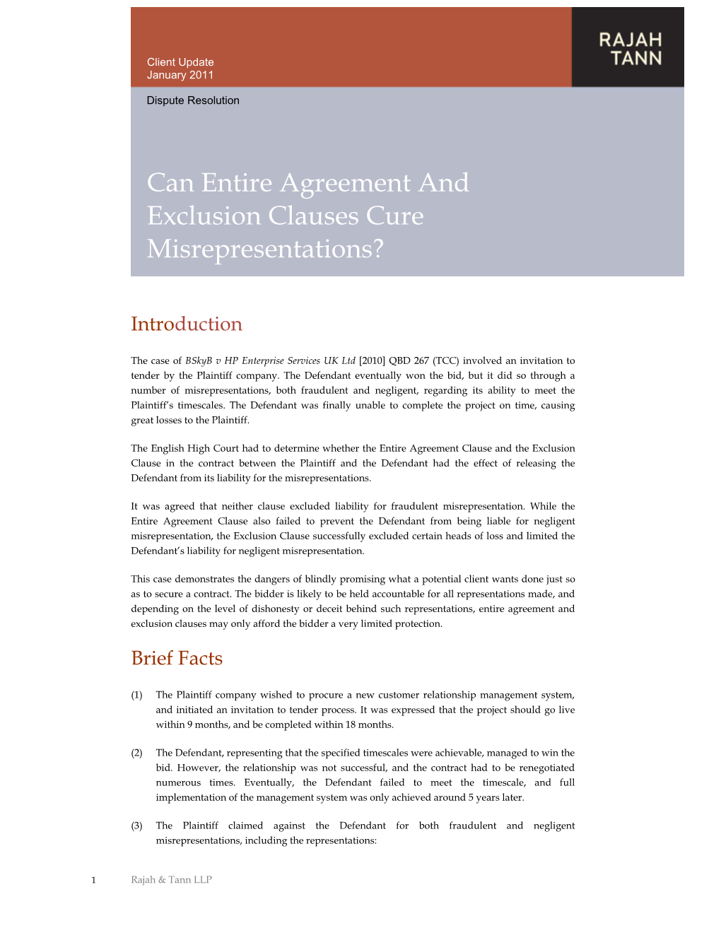 Can Entire Agreement and Exclusion Clauses Cure Misrepresentations?