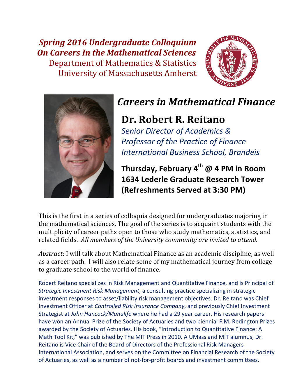 Careers in Mathematical Finance Dr. Robert R. Reitano