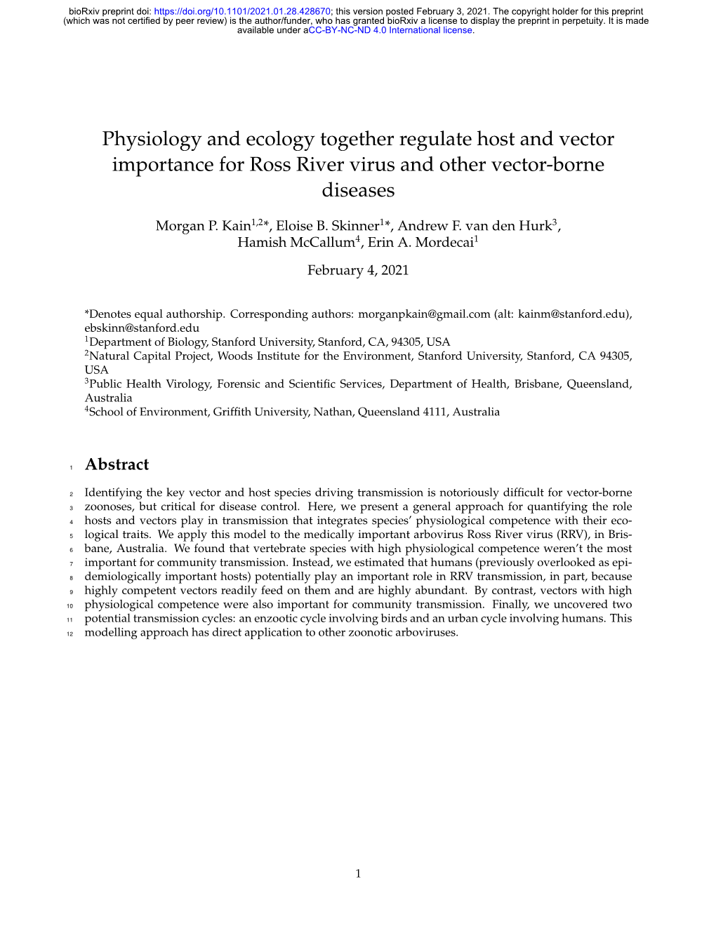 Physiology and Ecology Together Regulate Host and Vector Importance for Ross River Virus and Other Vector-Borne Diseases