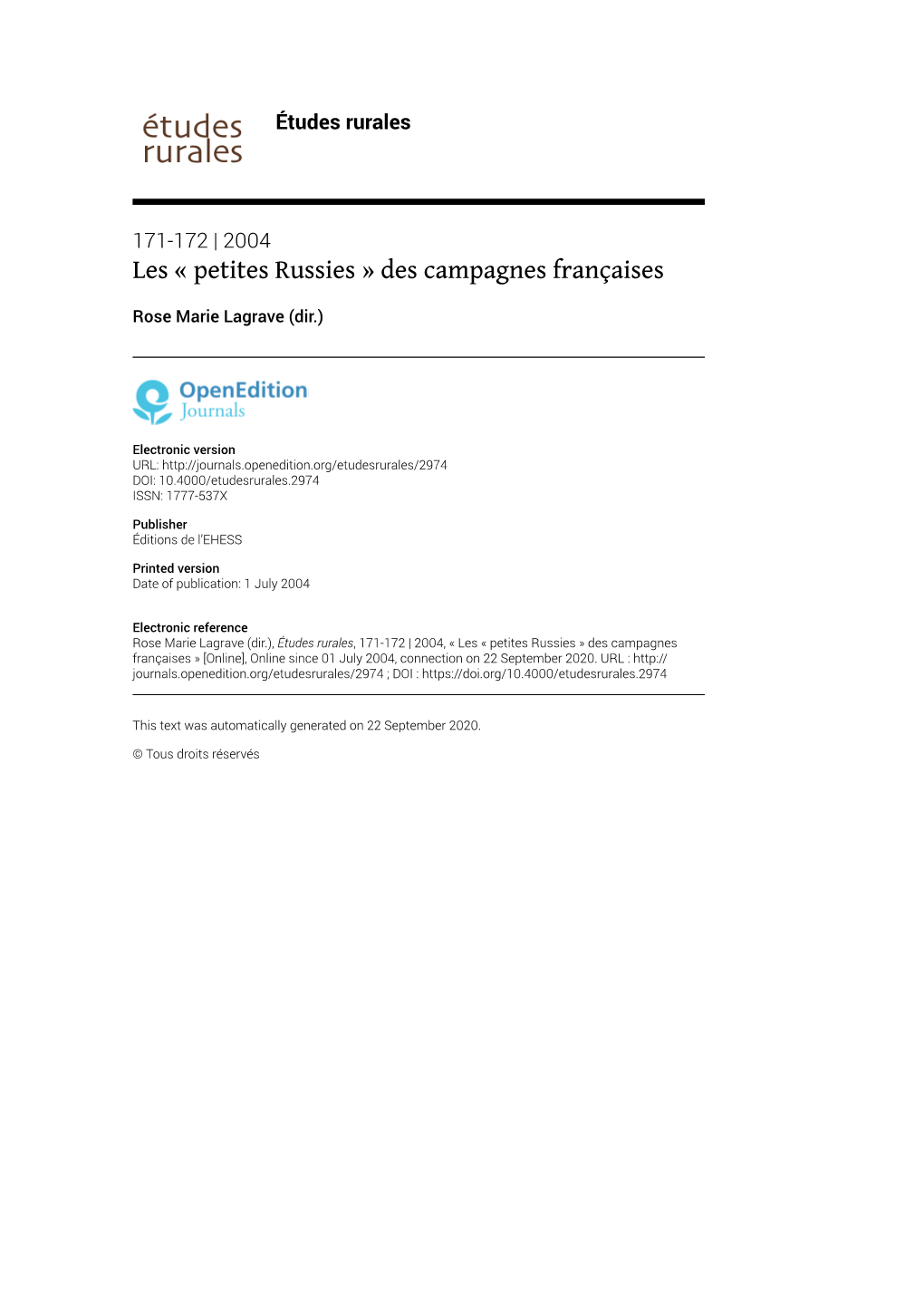 Études Rurales, 171-172 | 2004, « Les « Petites Russies » Des Campagnes Françaises » [Online], Online Since 01 July 2004, Connection on 22 September 2020