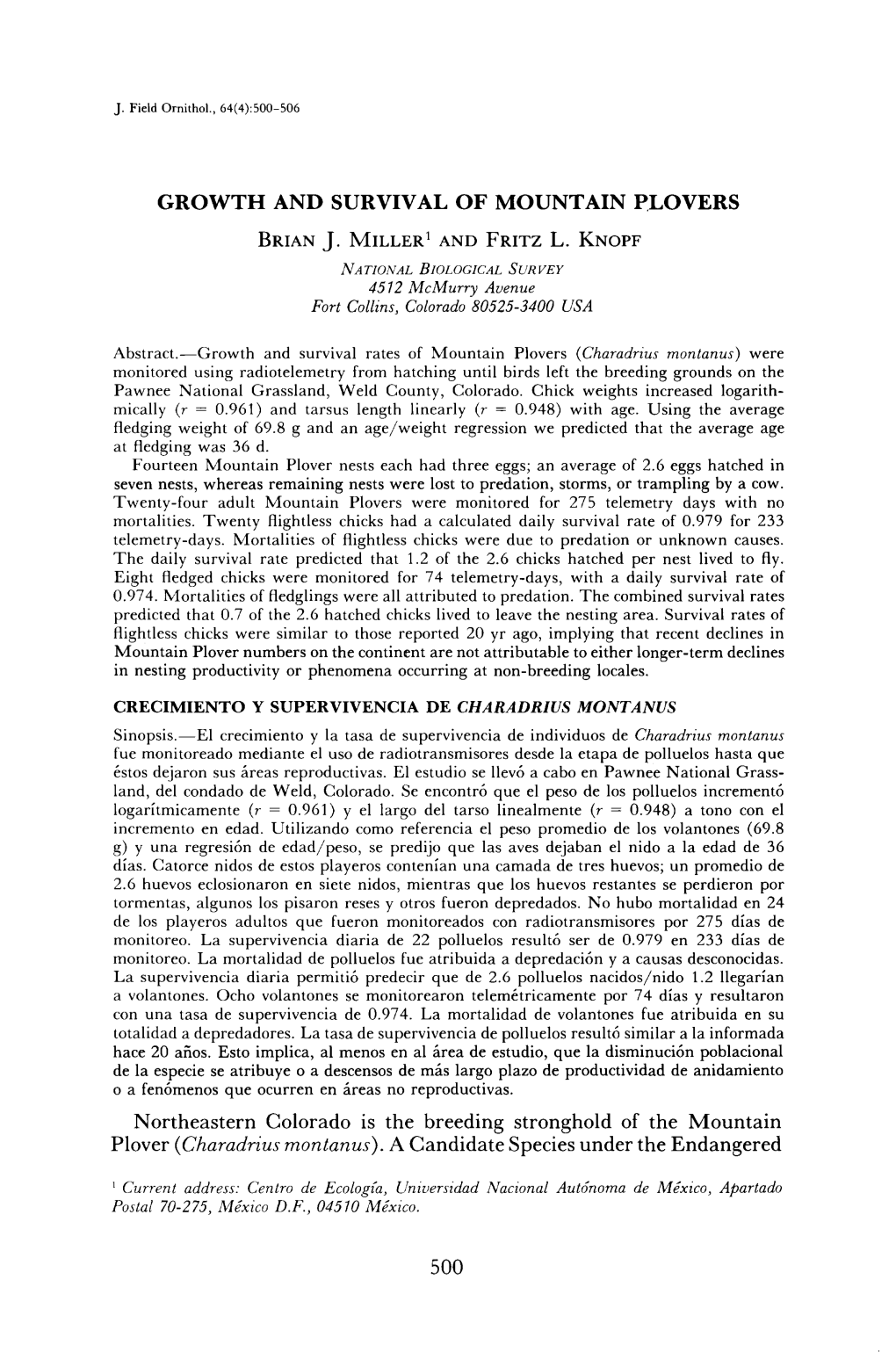 Growth and Survival of Mountain Plovers