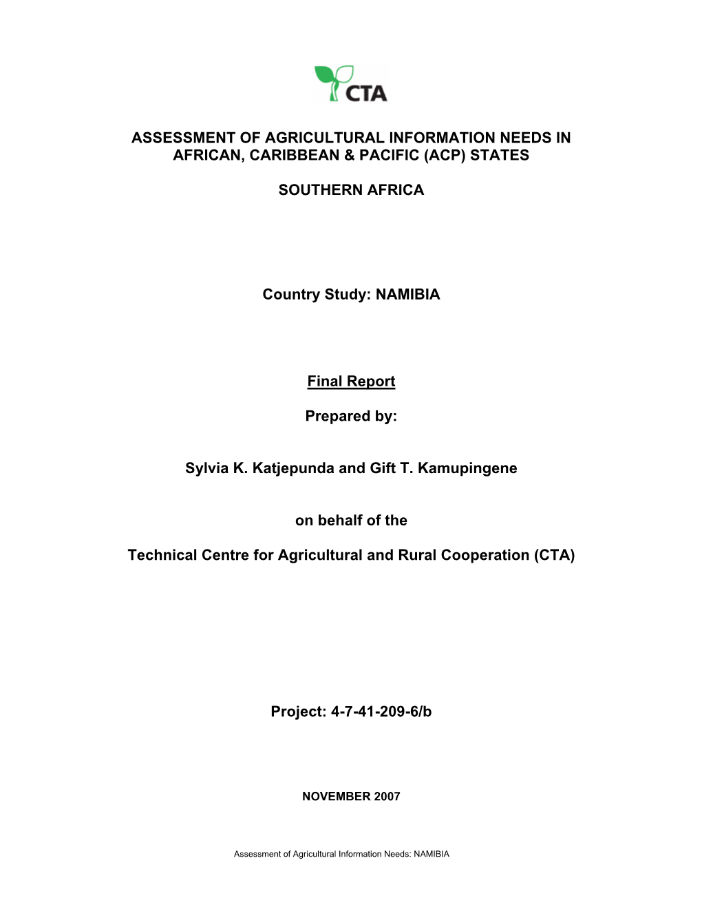 Assessment of Agricultural Information Needs in African, Caribbean & Pacific (Acp) States