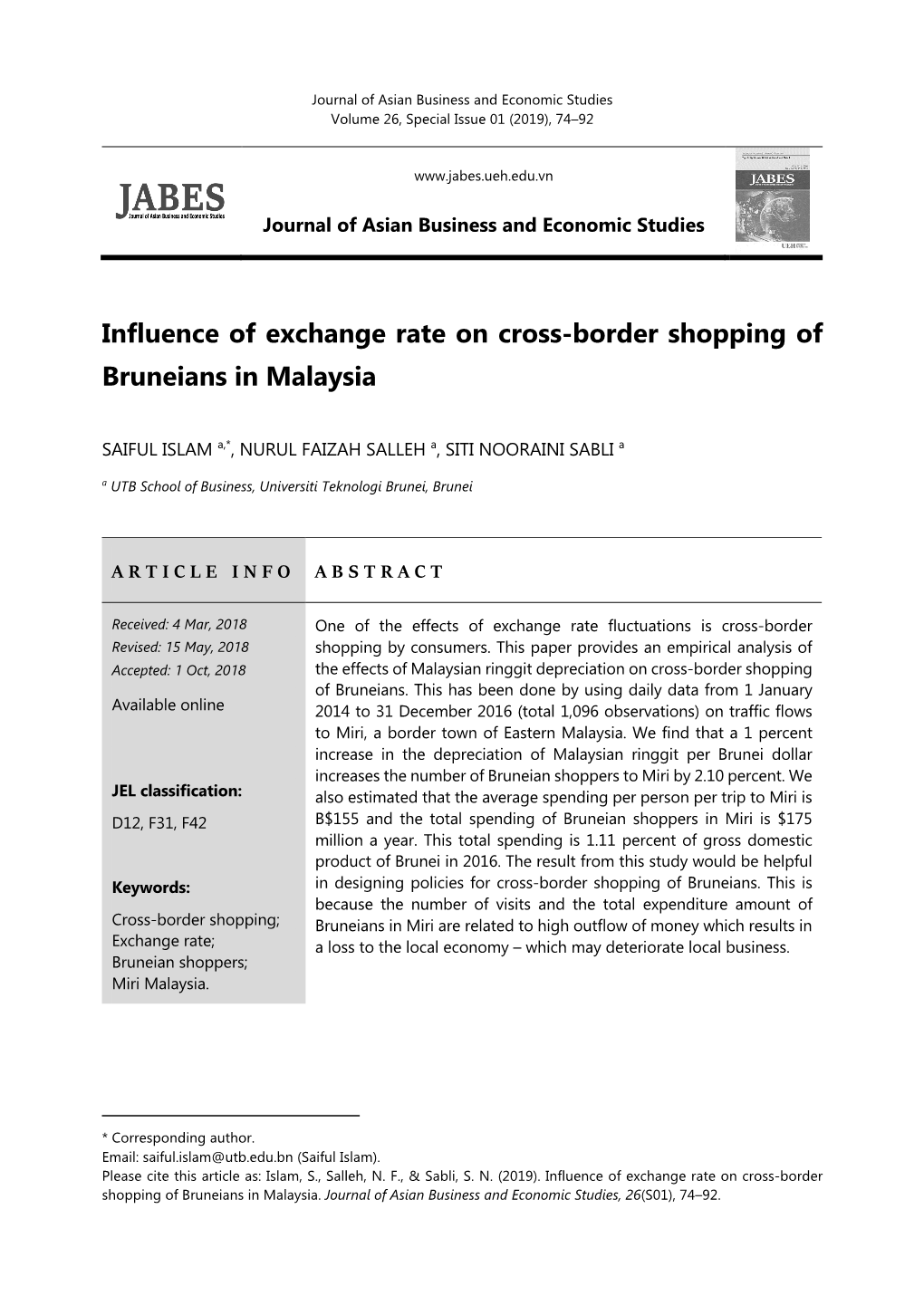 Influence of Exchange Rate on Cross-Border Shopping of Bruneians in Malaysia