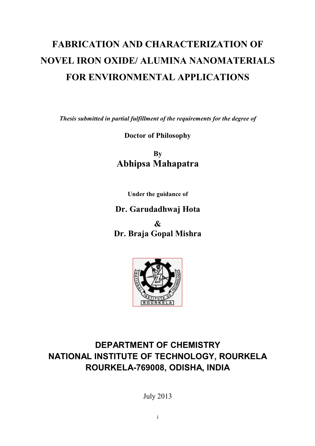 Fabrication and Characterization of Novel Iron Oxide/ Alumina Nanomaterials for Environmental Applications