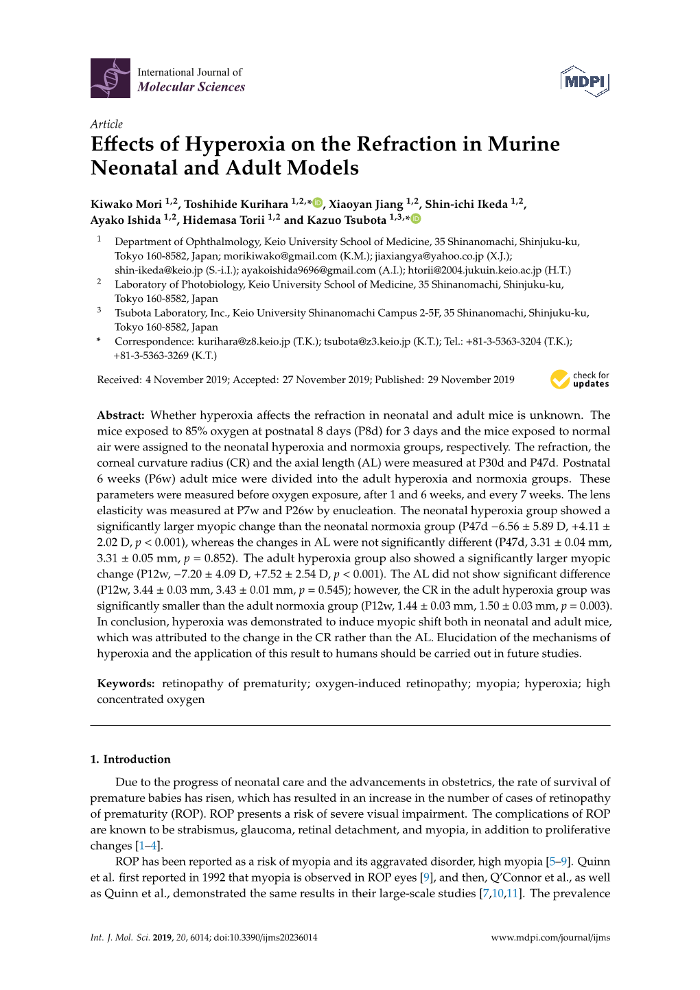 Effects of Hyperoxia on the Refraction in Murine Neonatal and Adult Models