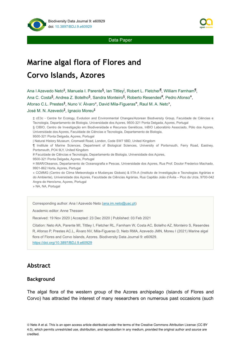 Marine Algal Flora of Flores and Corvo Islands, Azores