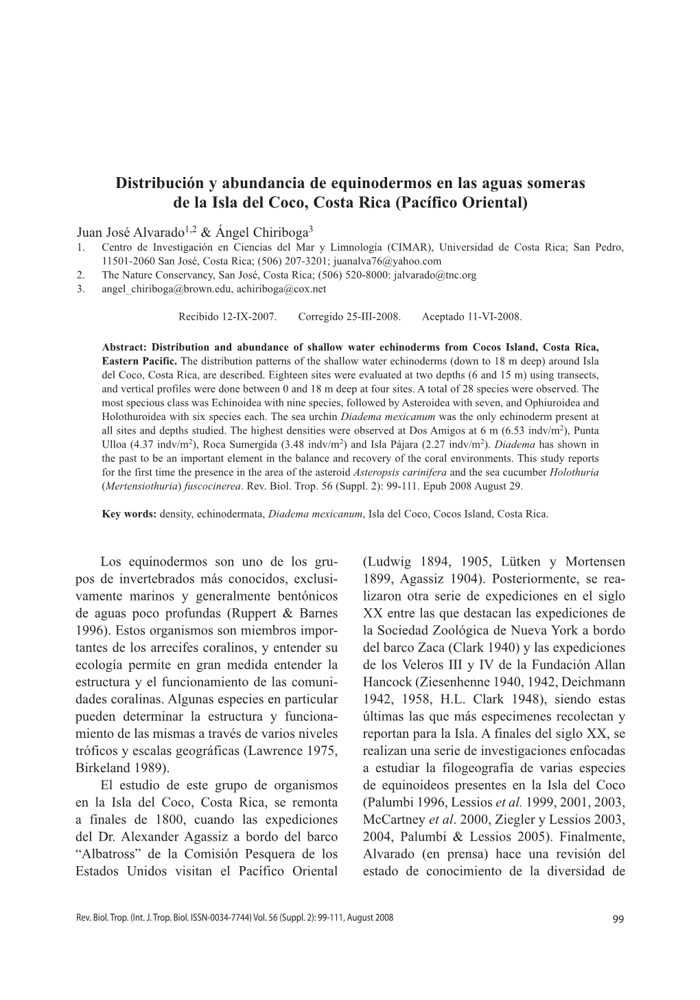 Distribución Y Abundancia De Equinodermos En Las Aguas Someras De La Isla Del Coco, Costa Rica (Pacífico Oriental)