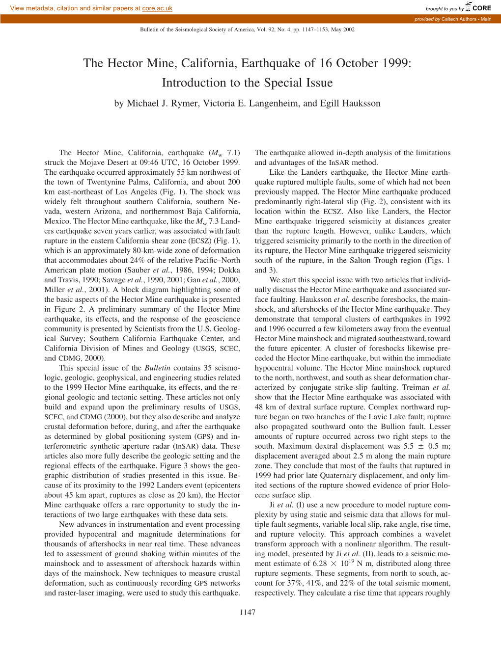 The Hector Mine, California, Earthquake of 16 October 1999: Introduction to the Special Issue by Michael J