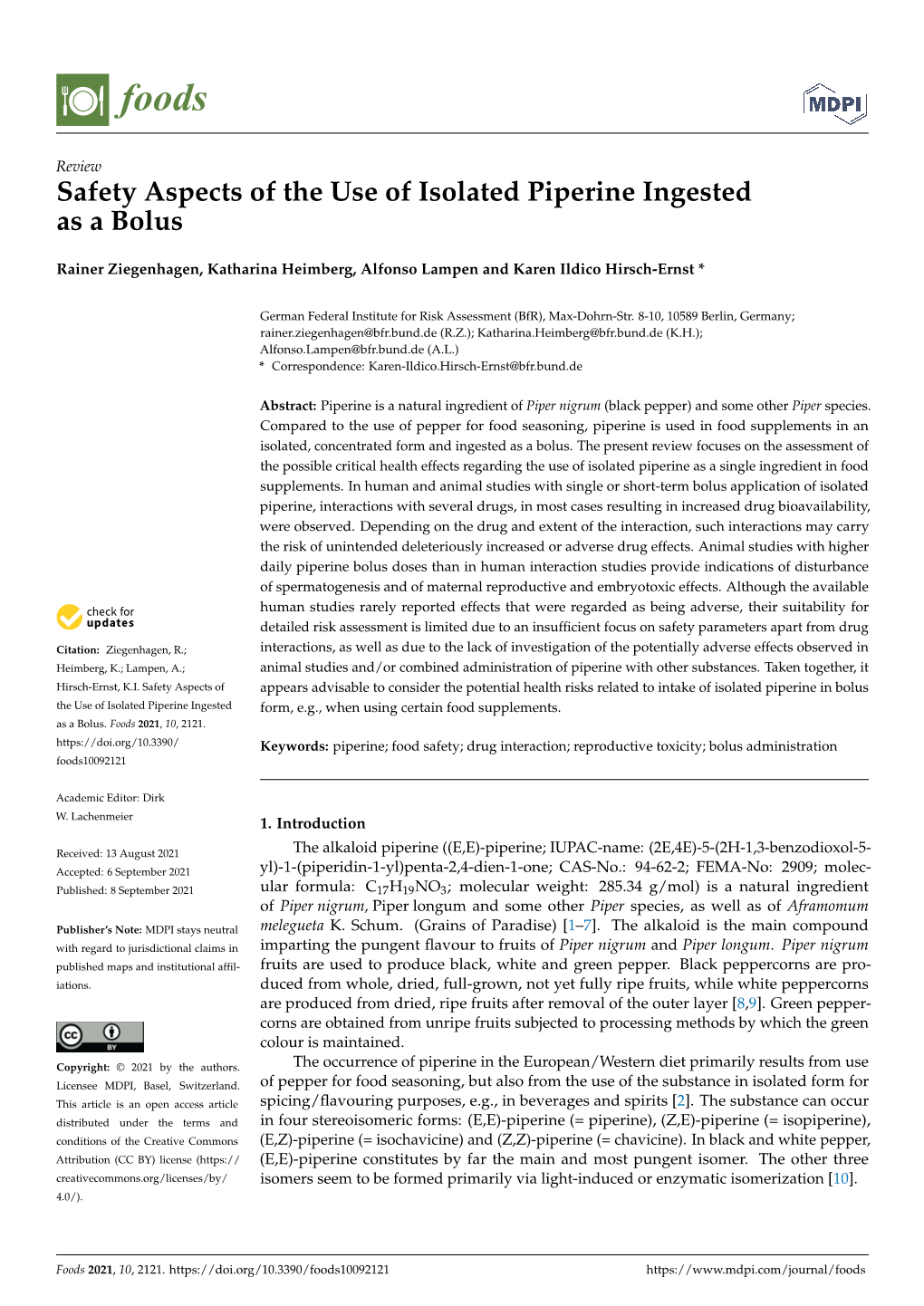 Safety Aspects of the Use of Isolated Piperine Ingested As a Bolus