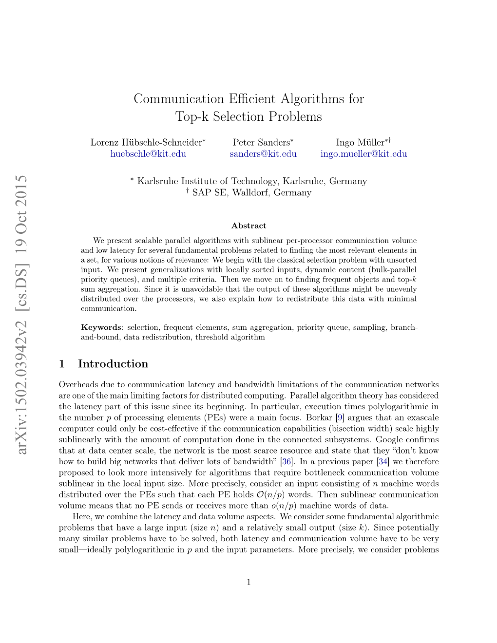 Communication Efficient Algorithms for Top-K Selection Problems