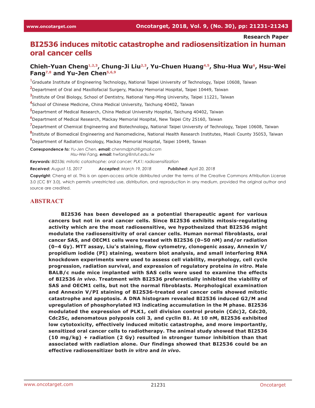 BI2536 Induces Mitotic Catastrophe and Radiosensitization in Human Oral Cancer Cells