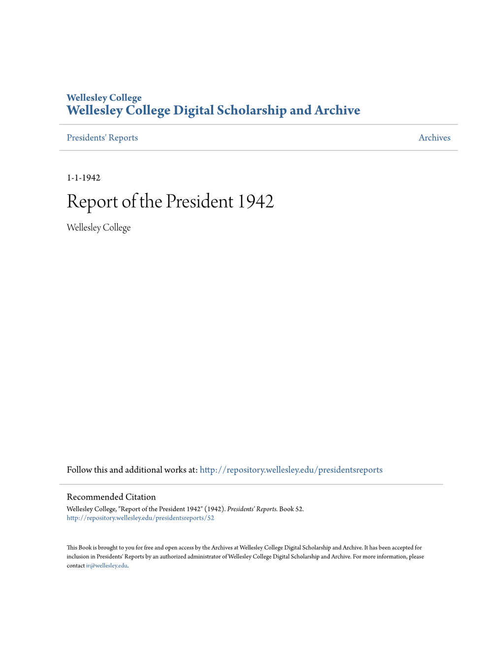 Report of the President 1942 Wellesley College