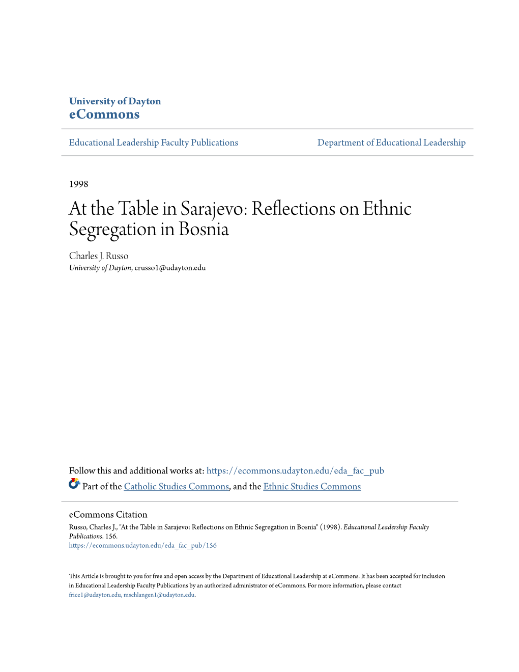 At the Table in Sarajevo: Reflections on Ethnic Segregation in Bosnia Charles J