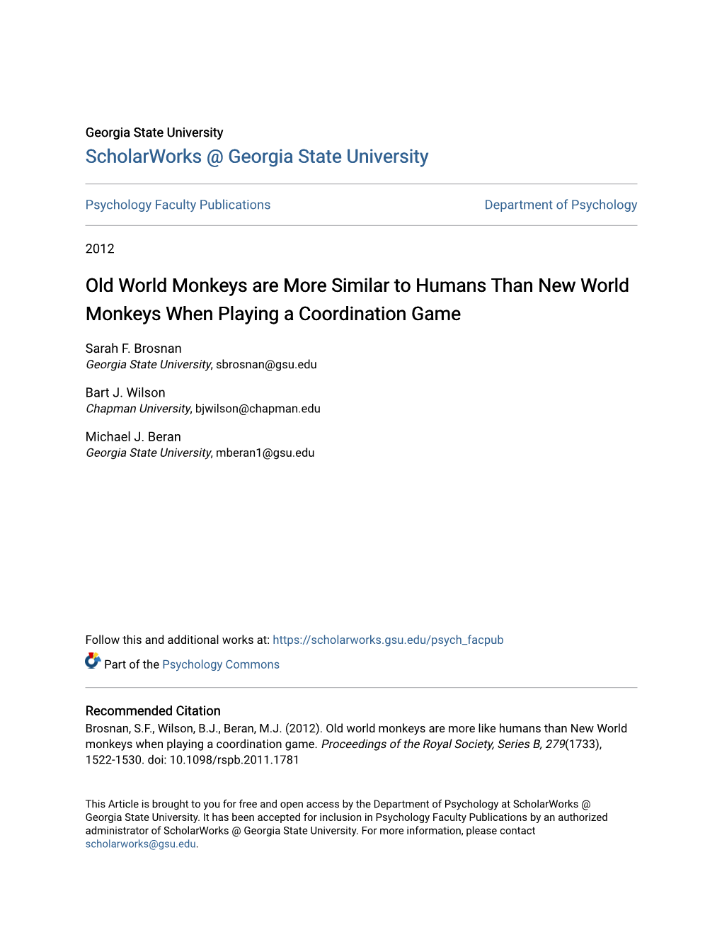 Old World Monkeys Are More Similar to Humans Than New World Monkeys When Playing a Coordination Game