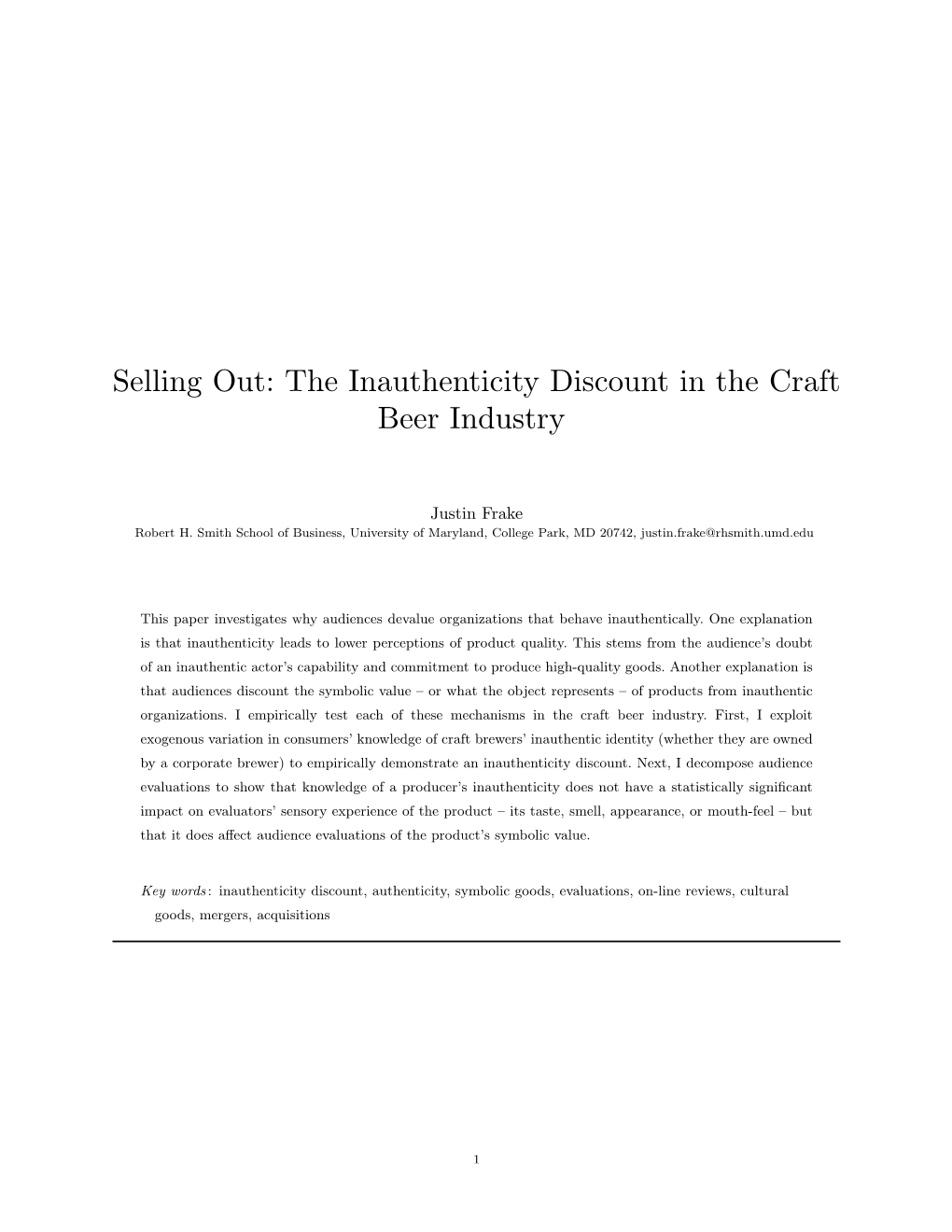 The Inauthenticity Discount in the Craft Beer Industry