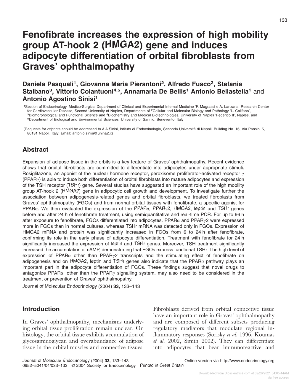 Downloaded from Bioscientifica.Com at 09/26/2021 04:05:44AM Via Free Access 134 D PASQUALI and Others · Fenoﬁbrate Increases in HMGA2 Expression in Orbital ﬁbroblasts