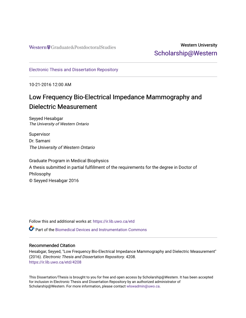 Low Frequency Bio-Electrical Impedance Mammography and Dielectric Measurement