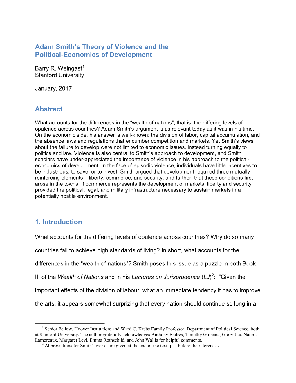 Adam Smith's Theory of Violence and the Political-Economics of Development Abstract 1. Introduction