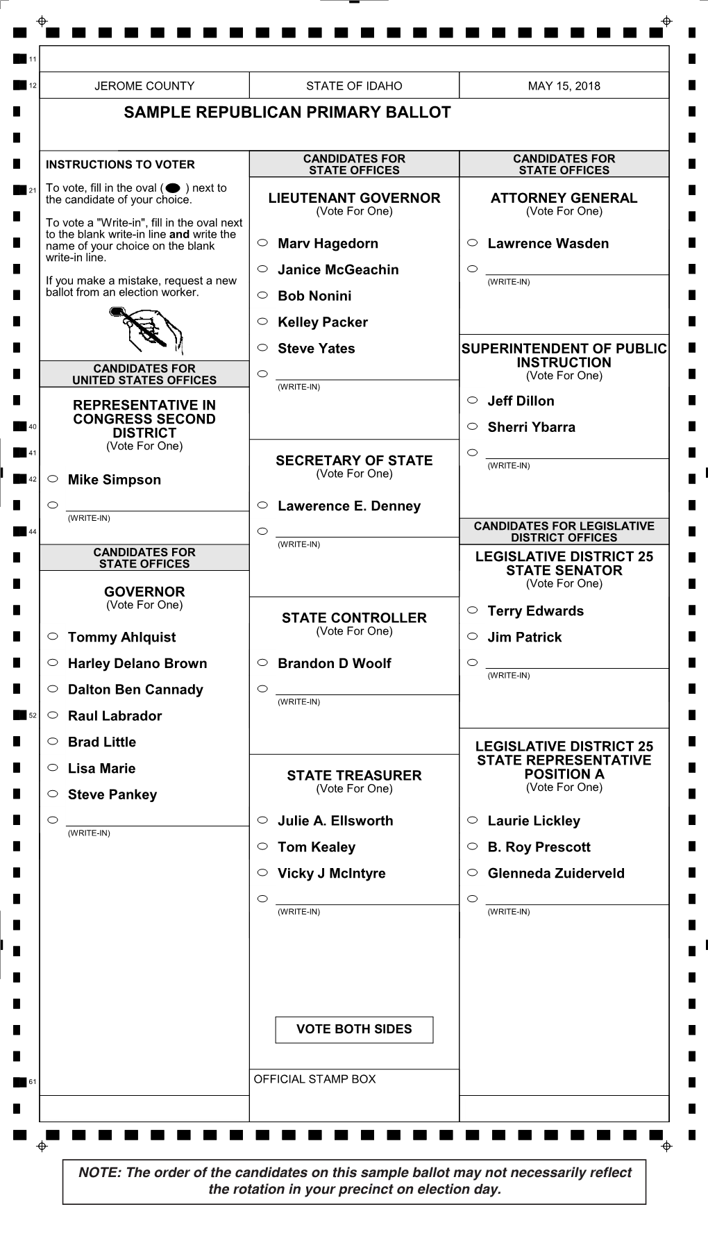 SAMPLE REPUBLICAN PRIMARY BALLOT Northeast