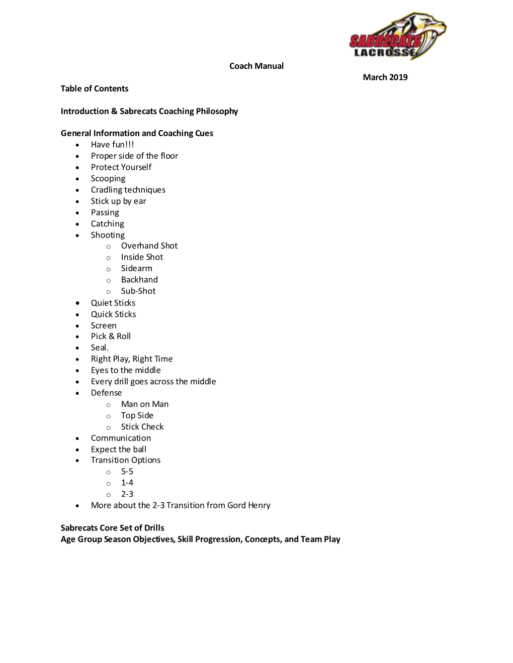 Coach Manual March 2019 Table of Contents Introduction & Sabrecats