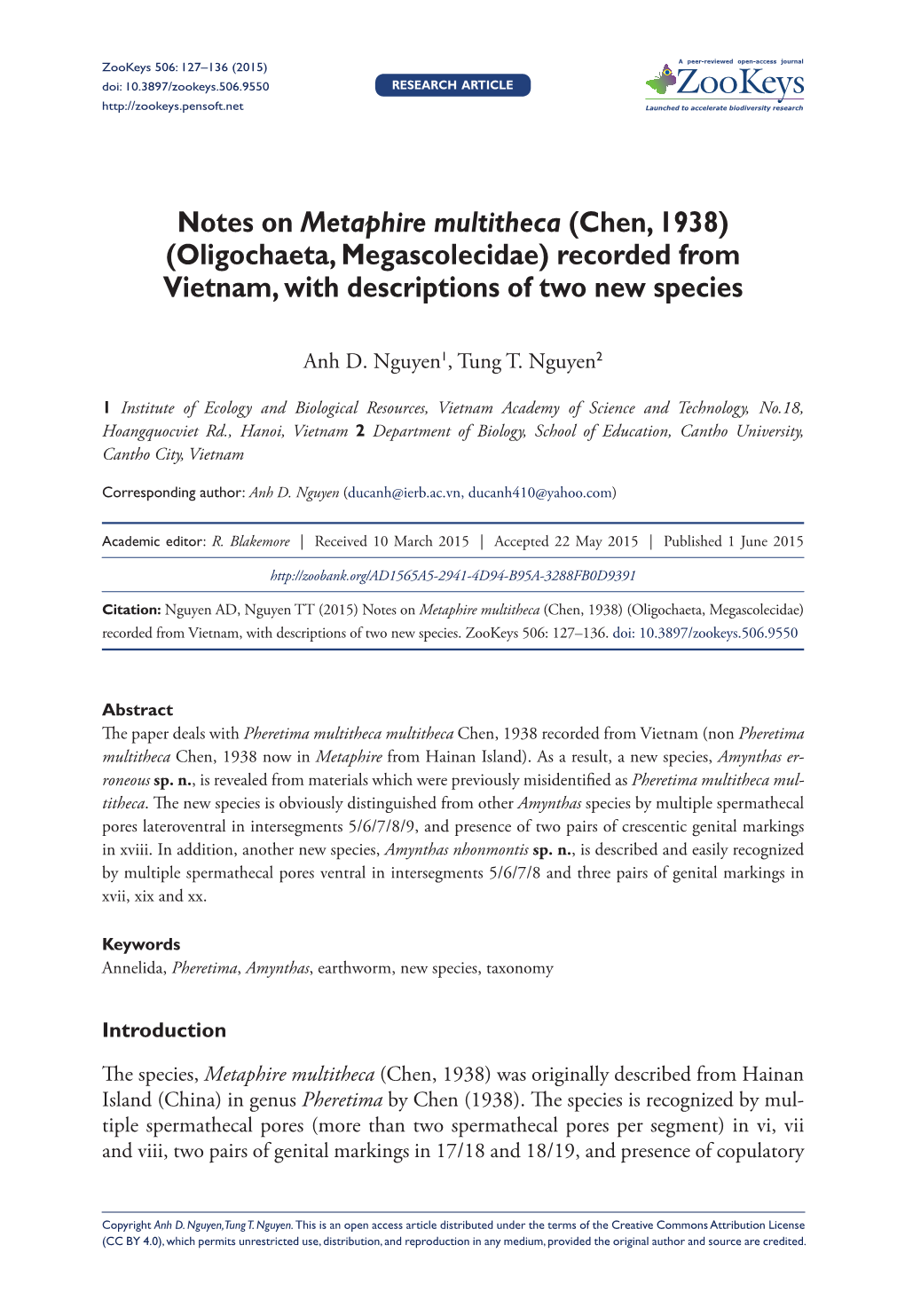 ﻿Notes on Metaphire Multitheca (Chen, 1938) (Oligochaeta